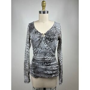 Vintage Y2K Gray Snakeskin Mesh Ruched V-Neck Top Small Stretchy Sheer Sleeves